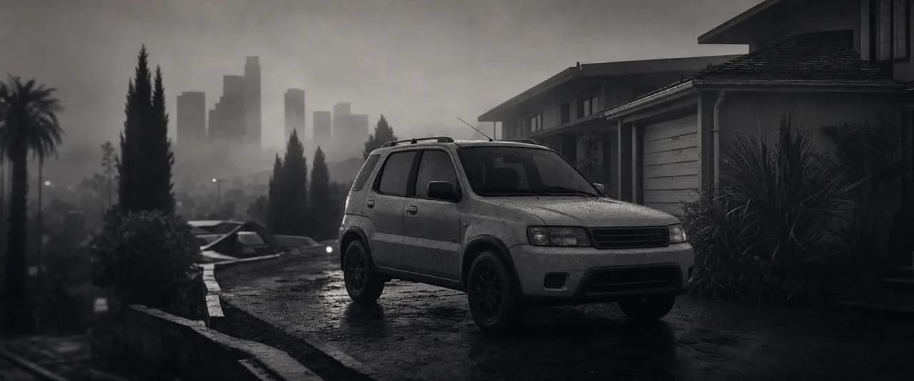 Black and white cinematic concept image of a compact Japanese SUV crossover on a foggy suburban driveway