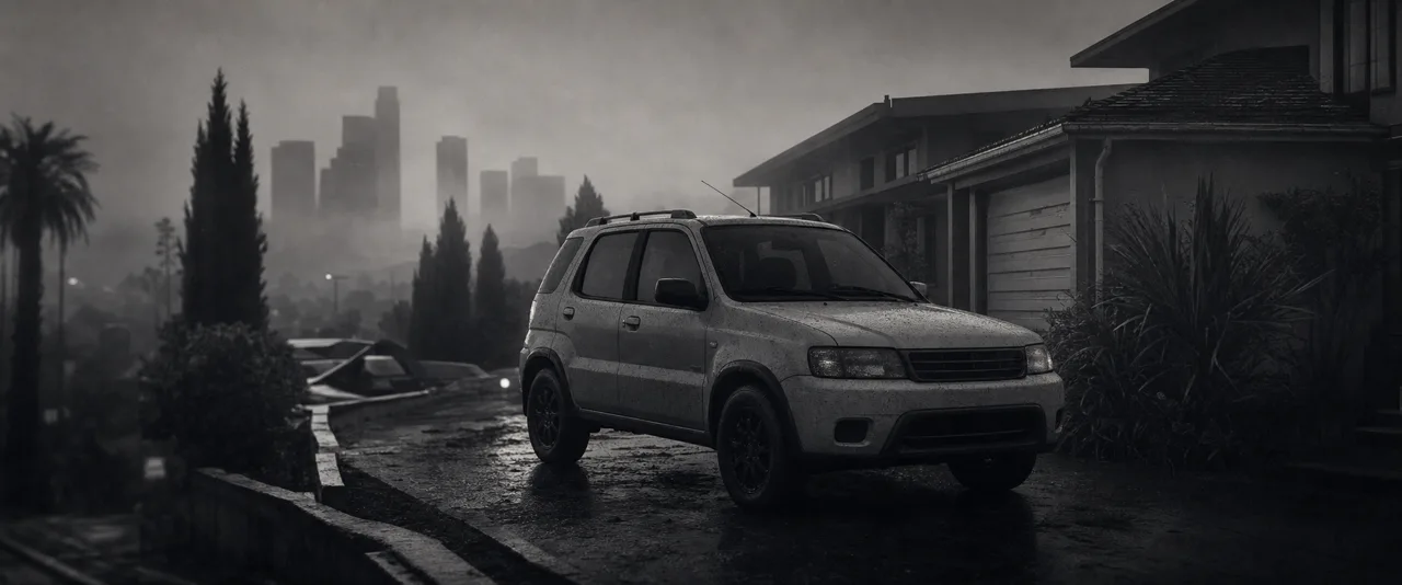 Black and white cinematic concept image of a compact Japanese SUV crossover on a foggy suburban driveway