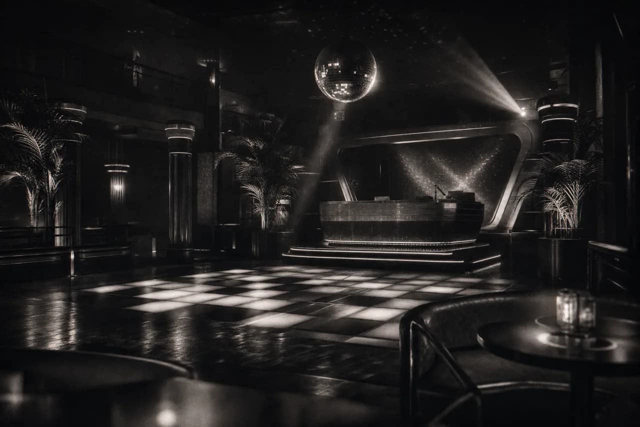 Black and white retro 1980s nightclub interior with a checkered dance floor, mirror ball and a raised DJ booth