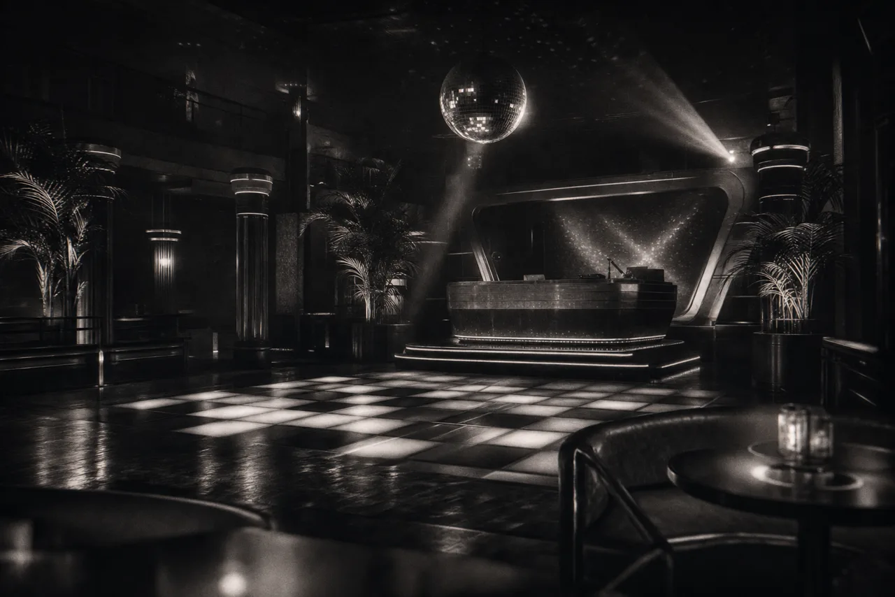 Black and white retro 1980s nightclub interior with a checkered dance floor, mirror ball and a raised DJ booth