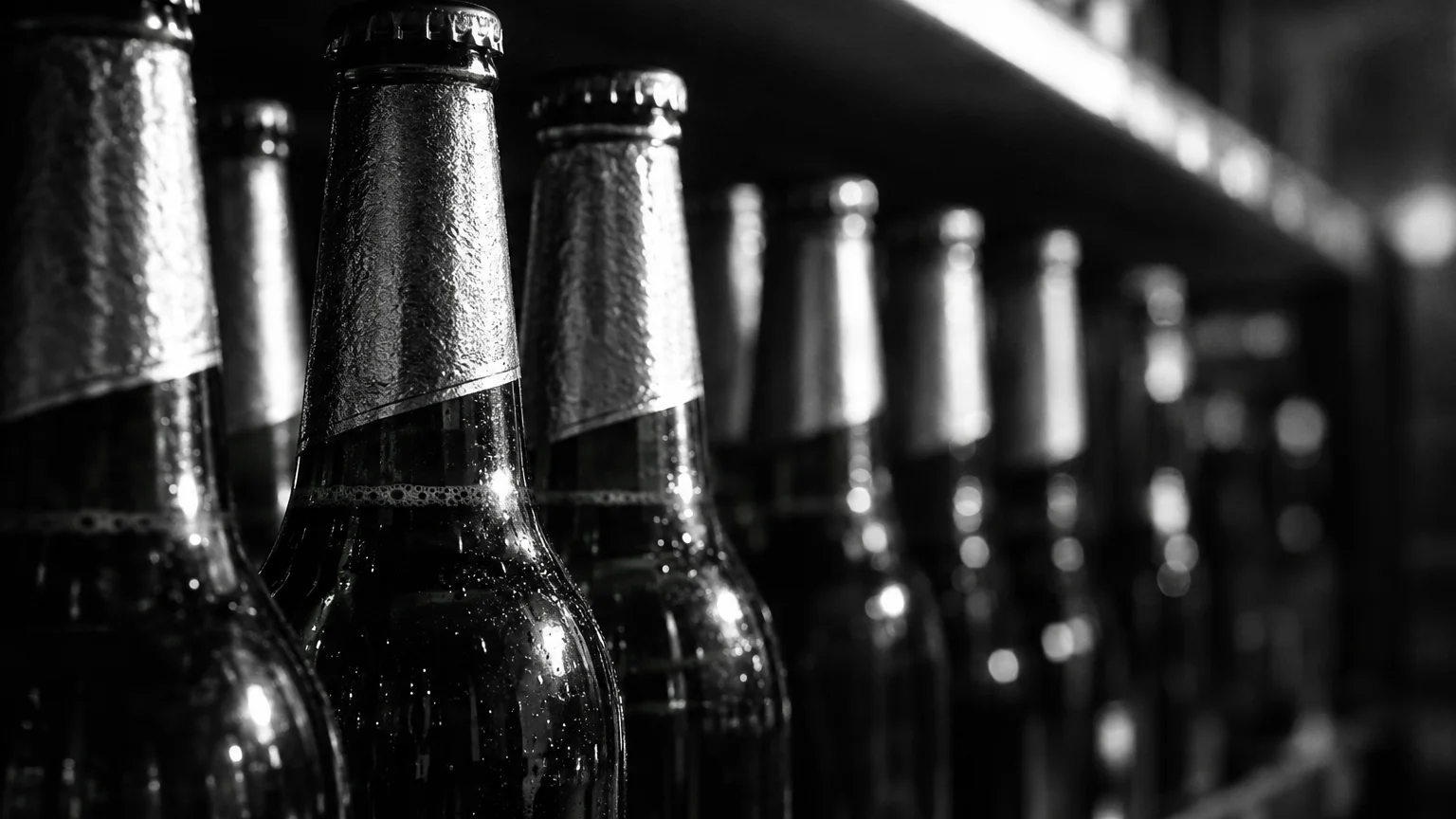 Black and white close-up of green glass beer bottles on a store shelf, foil necks catching a strip of light