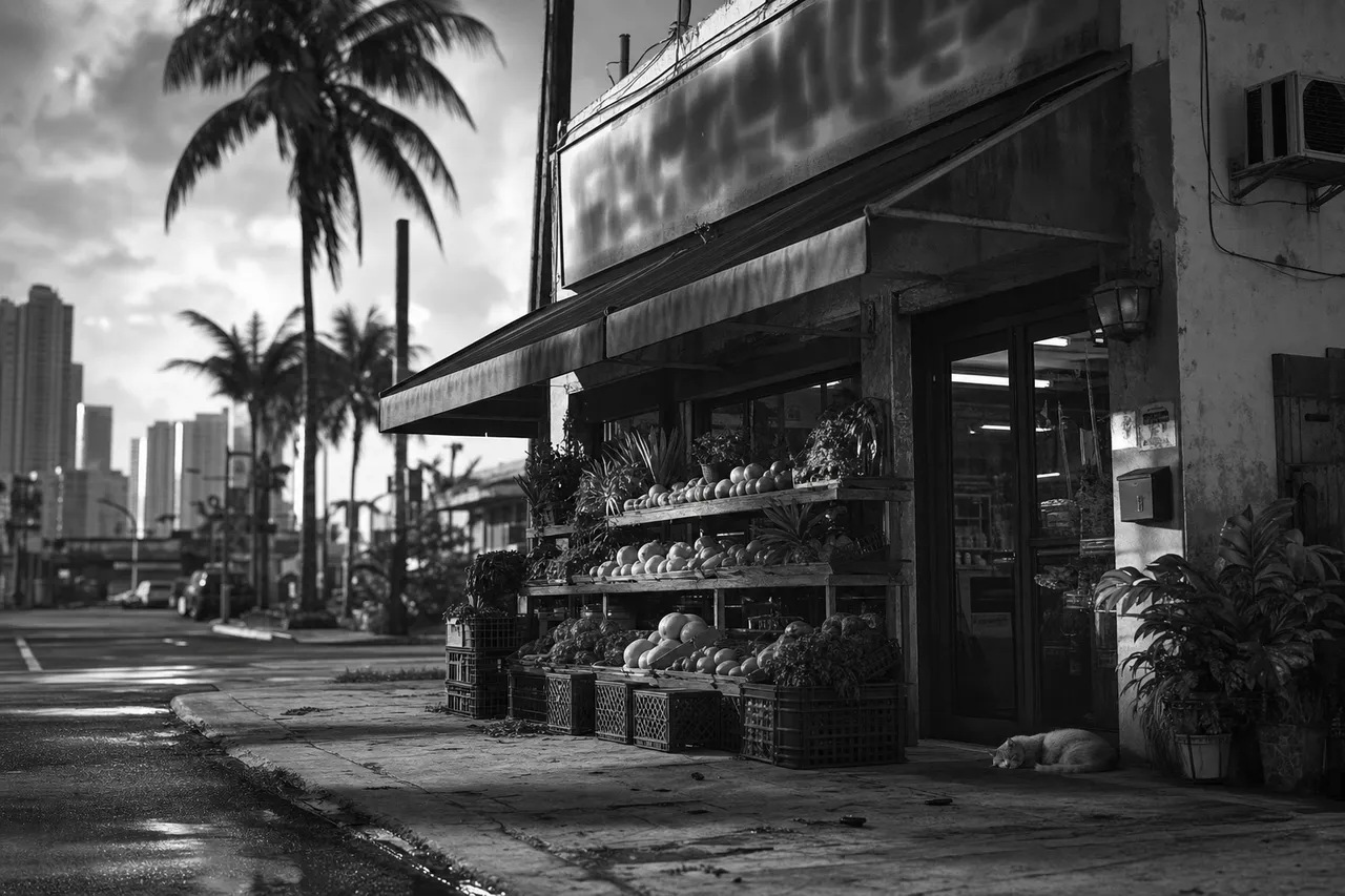 Black and white cinematic view of a corner grocery with produce crates under an awning and a cat by the door