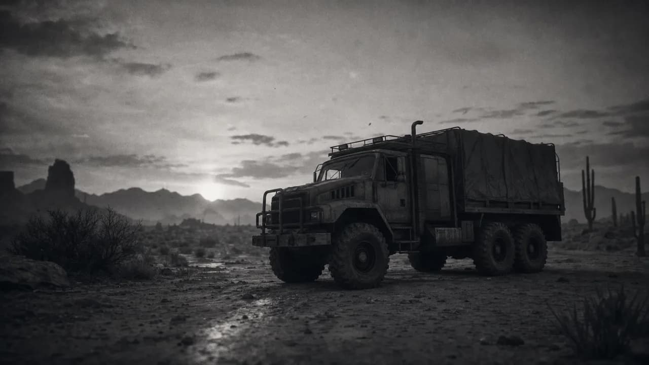 Black and white cinematic concept image of a huge boxy military-style off-road truck on a desert flat at dusk