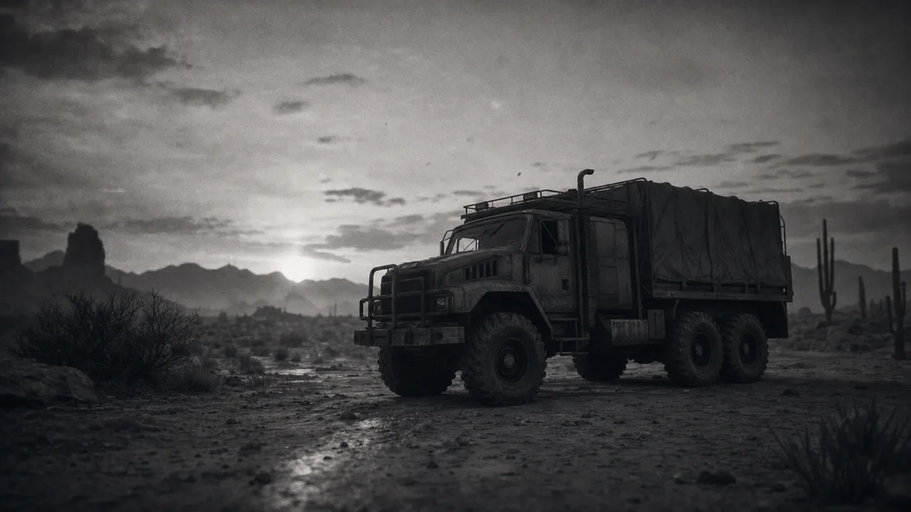 Black and white cinematic concept image of a huge boxy military-style off-road truck on a desert flat at dusk