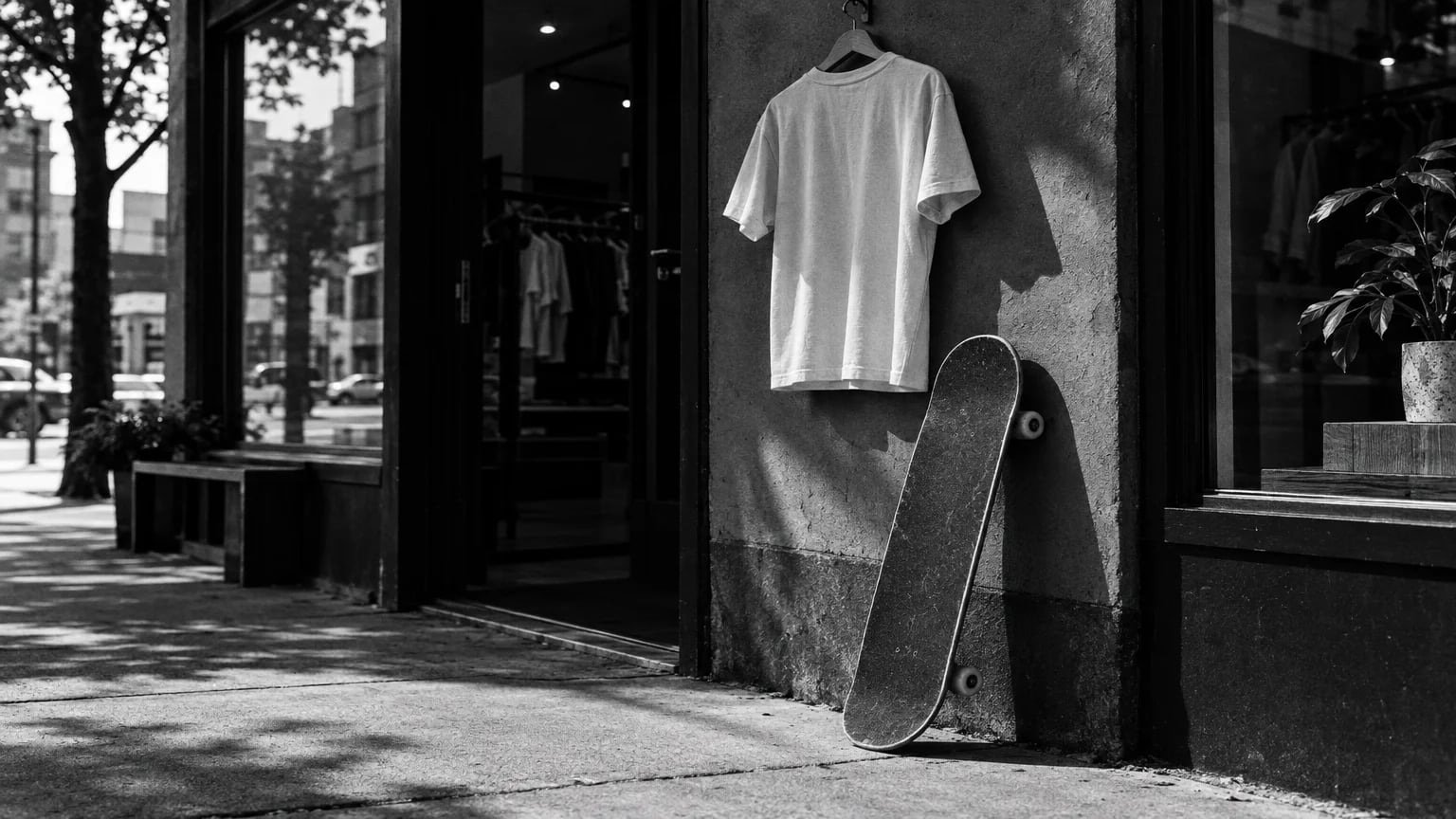 Black and white cinematic photograph of a skateboard leaning against a shop wall under a hanging tee shirt