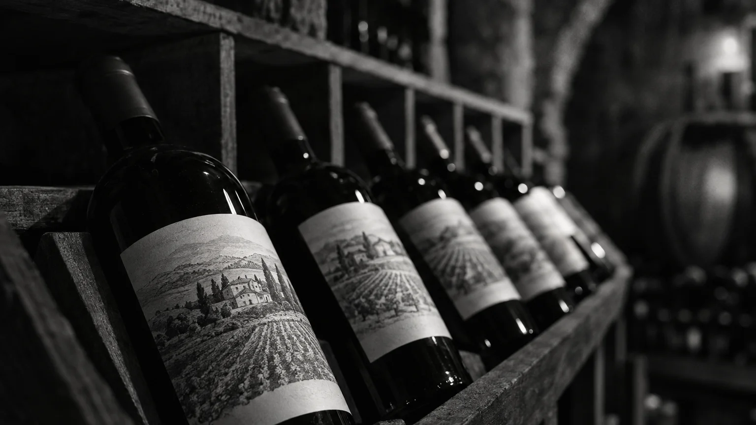 Black and white still of wine bottles laid in a rack, vineyard label art just visible in soft light