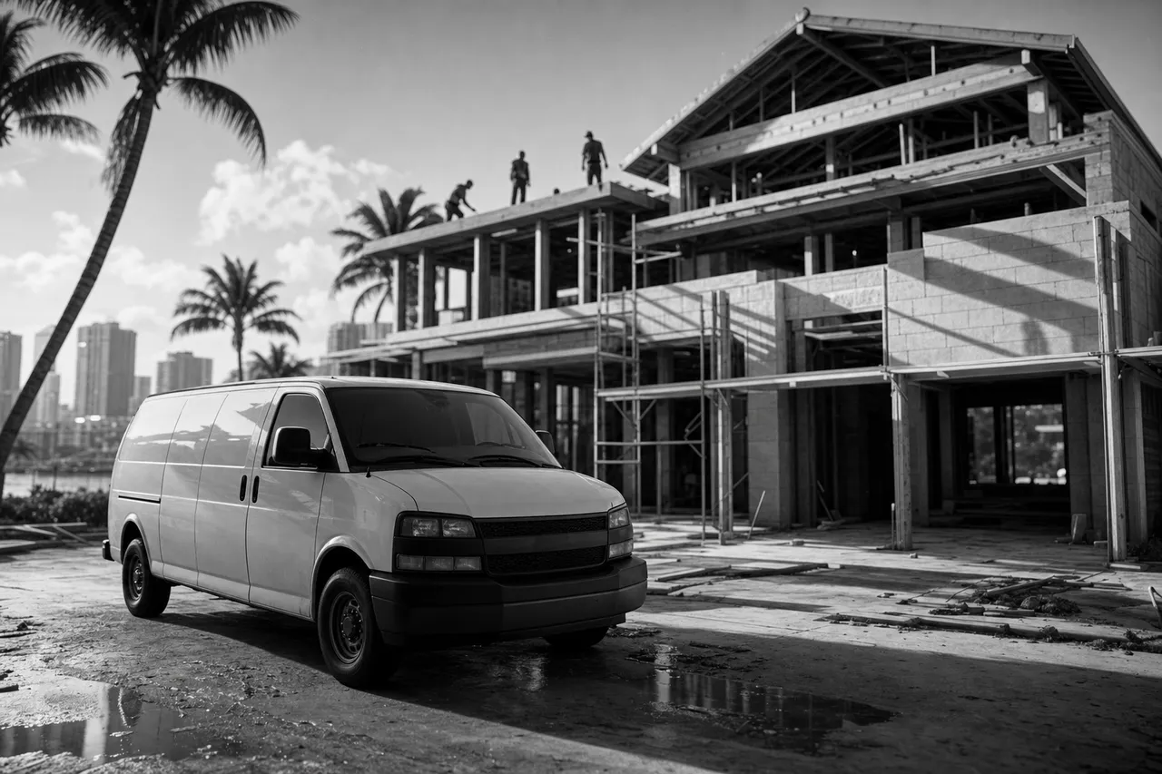Black and white cinematic view of a contractor van outside a half-built luxury house with workers on the roofline