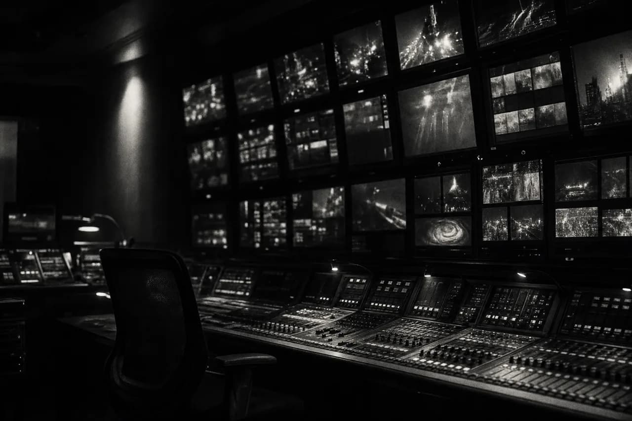 Black and white broadcast control room with a wall of glowing monitors in deep shadow
