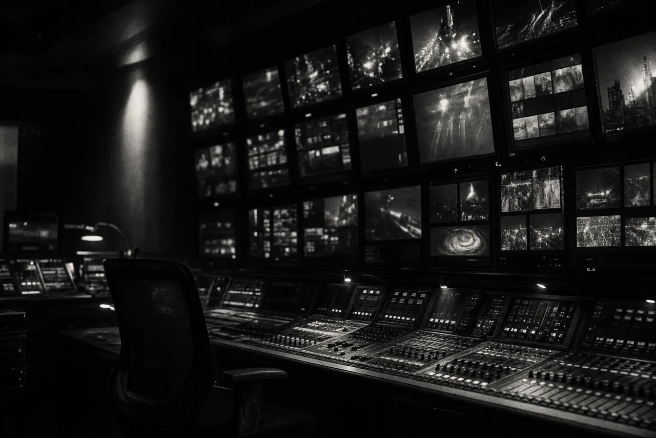 Black and white broadcast control room with a wall of glowing monitors in deep shadow