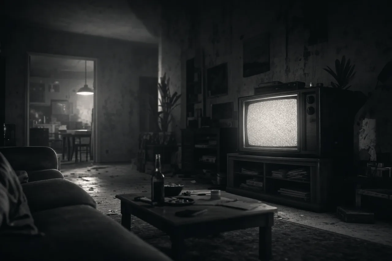 Black and white vintage CRT television glowing with static in a dark cluttered living room