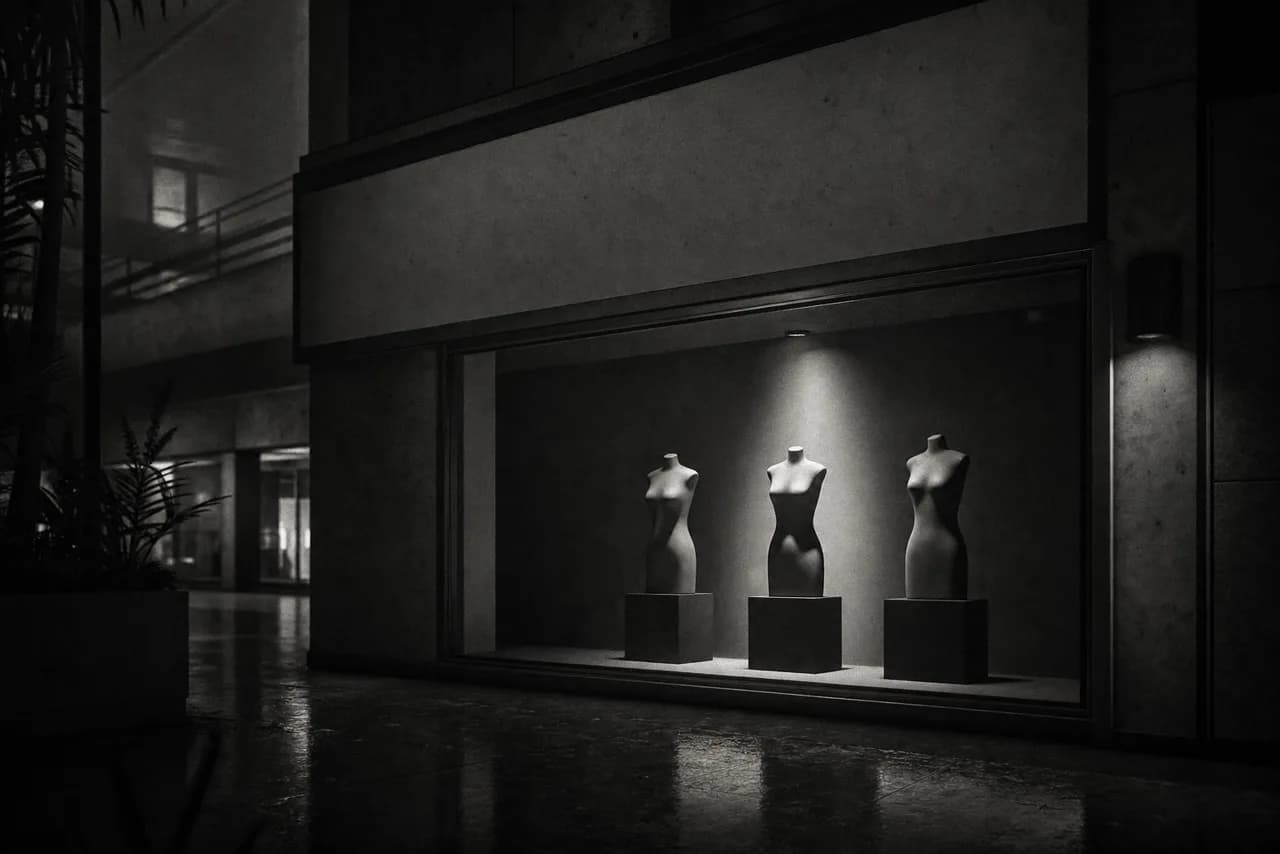 Black and white minimalist mall storefront window at night with spotlit torso mannequins and a blank sign panel