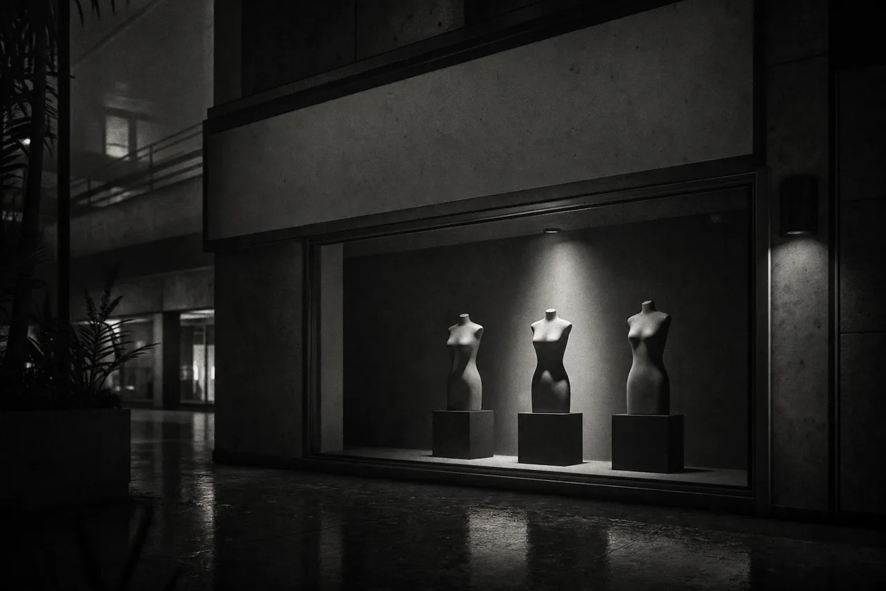 Black and white minimalist mall storefront window at night with spotlit torso mannequins and a blank sign panel