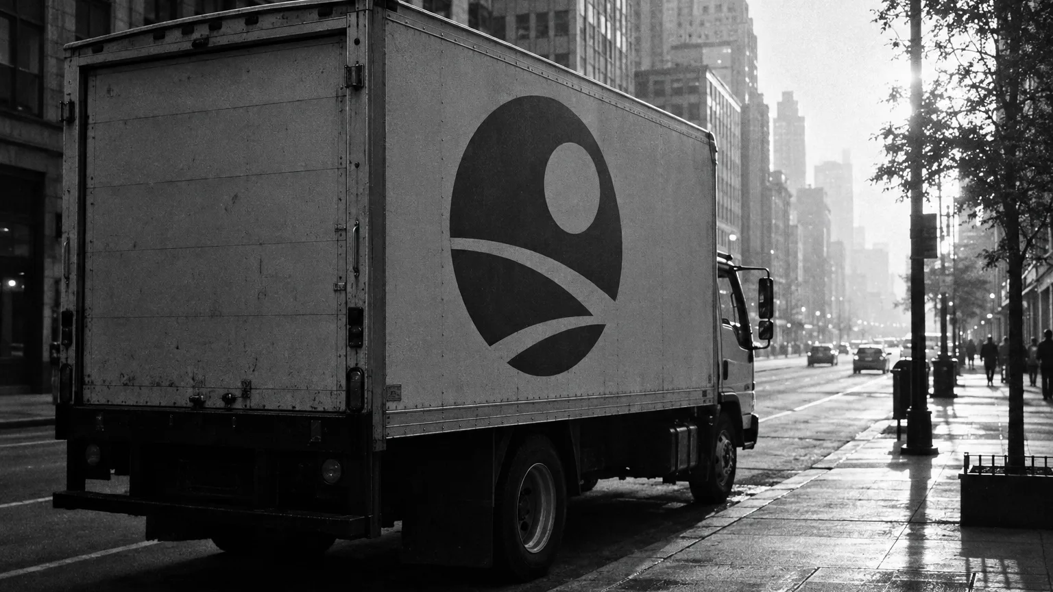 Black and white cinematic image of a box truck parked at a kerb, round brand emblem on the panel