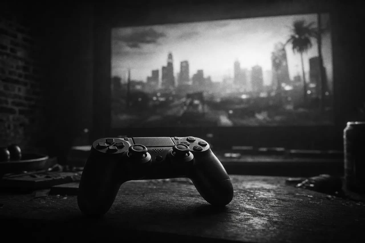 Black and white video game controller resting before a large glowing monitor in a dark gaming room