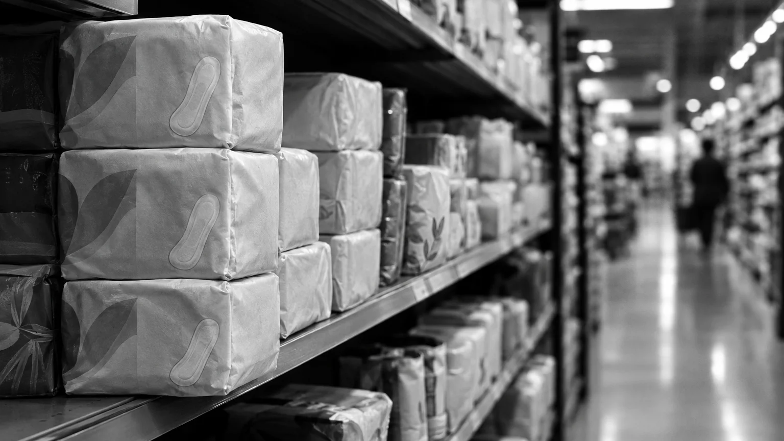 Black and white cinematic photograph of soft packaged personal care products stacked on a supermarket shelf