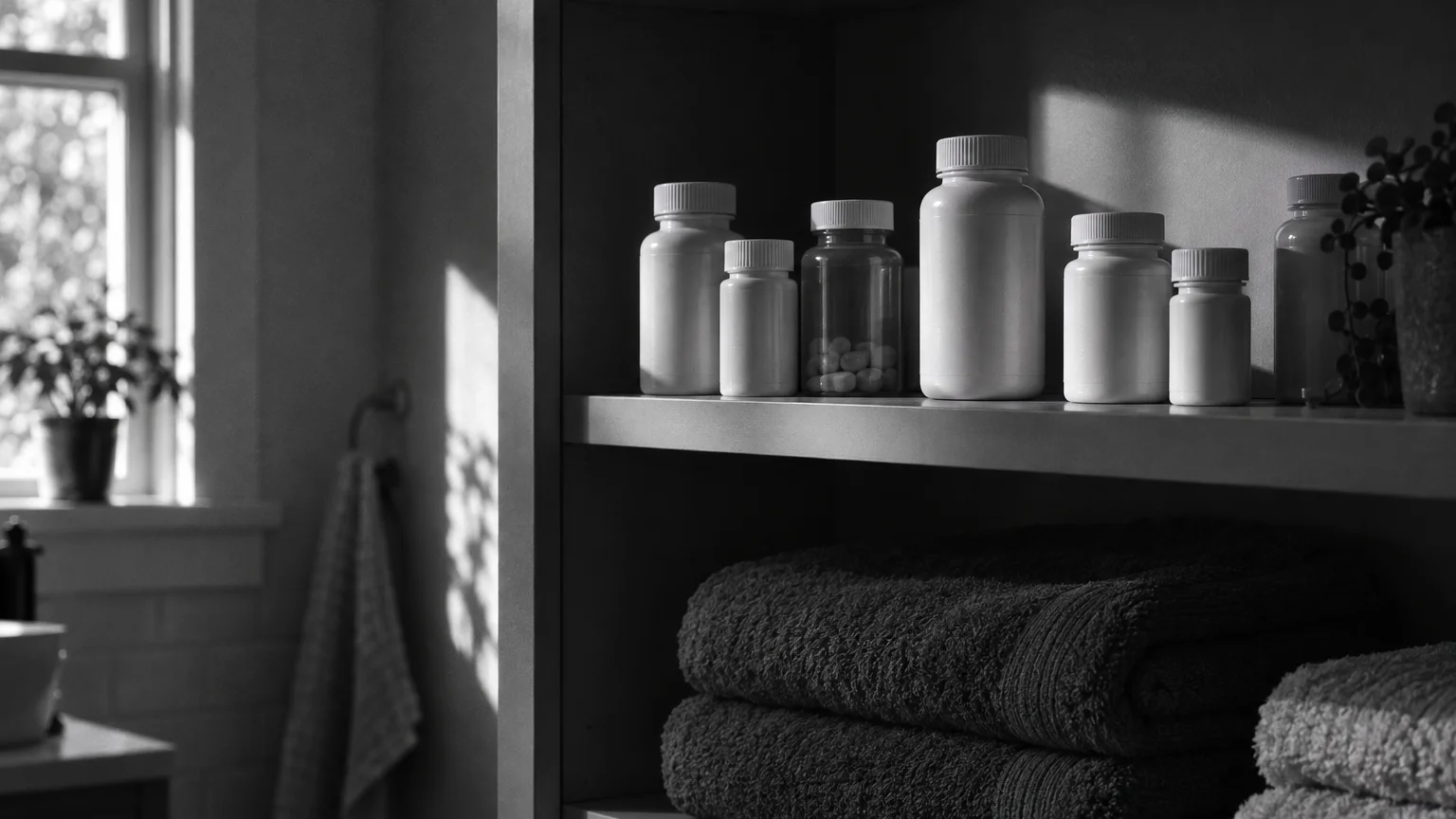 Black and white cinematic photograph of plastic medicine bottles on a bathroom cabinet shelf with folded towels below
