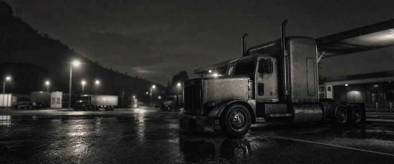Black and white cinematic concept image of a long-haul semi truck cab parked at a truck stop under sodium lights