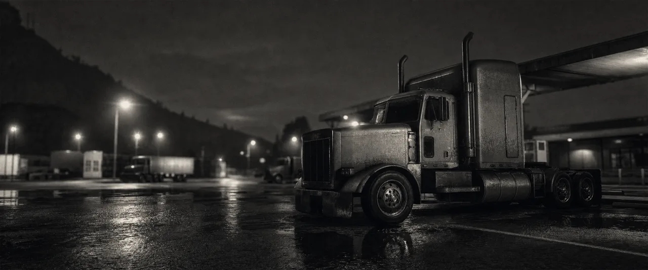 Black and white cinematic concept image of a long-haul semi truck cab parked at a truck stop under sodium lights