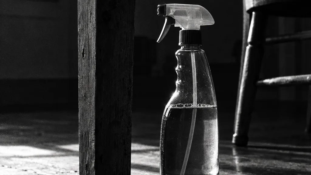 Black and white cinematic image of a spray bottle standing under a table on worn floorboards