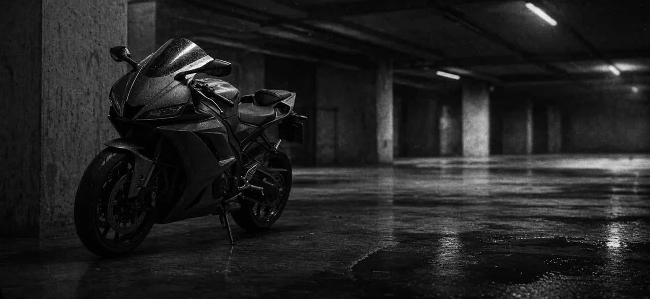 Black and white cinematic concept image of a Japanese sport motorcycle leaned on its stand in an empty parking garage