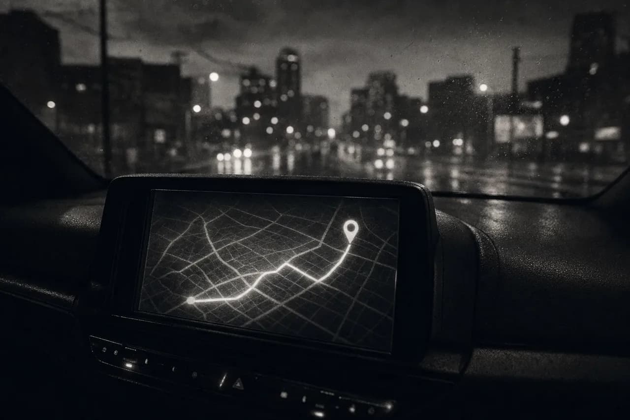 Black and white car dashboard navigation screen at night glowing with an abstract road map, a route line and a location pin above a rainy city street