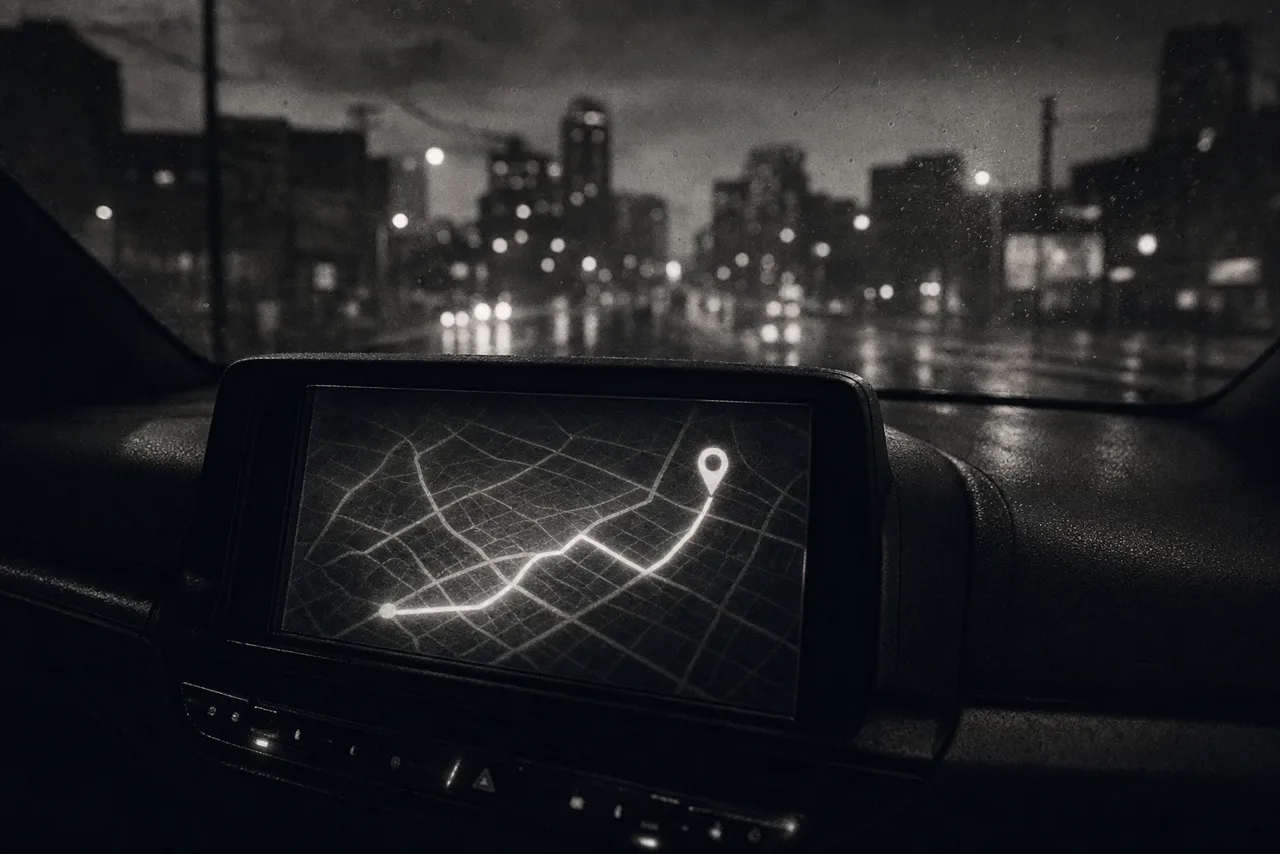 Black and white car dashboard navigation screen at night glowing with an abstract road map, a route line and a location pin above a rainy city street