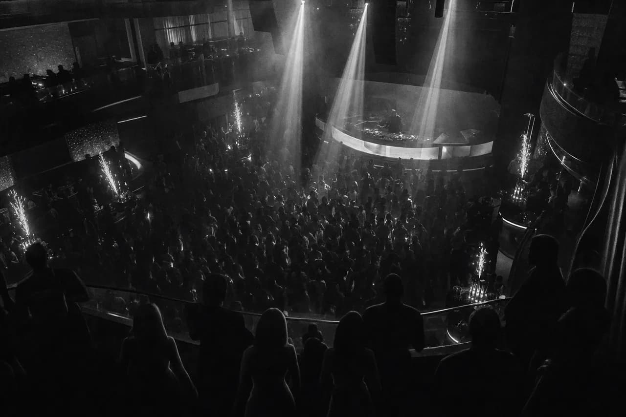 Black and white overhead view of a packed downtown ultra-club dance floor with overhead light beams and bottle-service sparklers