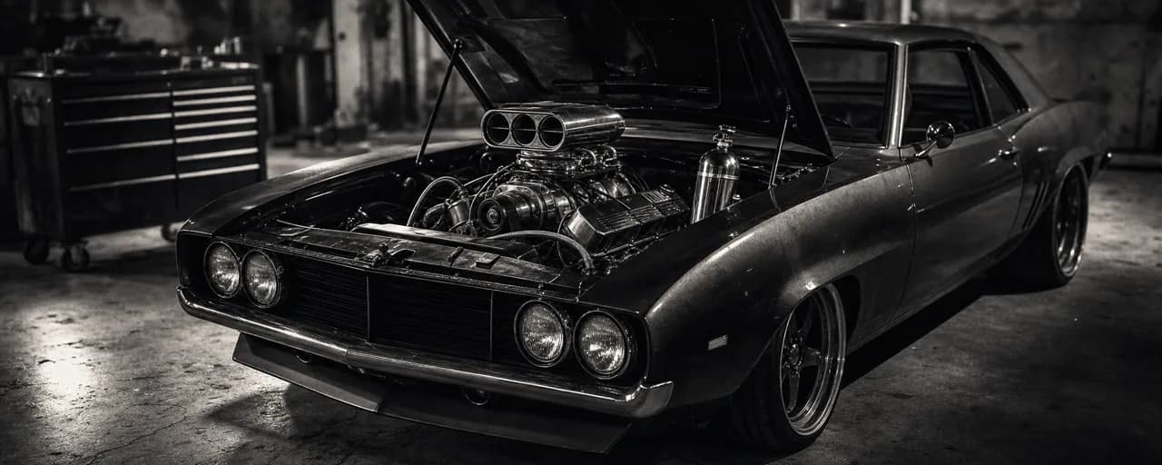 Black and white cinematic shot of a muscle car with its hood up in a garage, a chromed V8 engine and a mounted nitrous oxide bottle in the bay