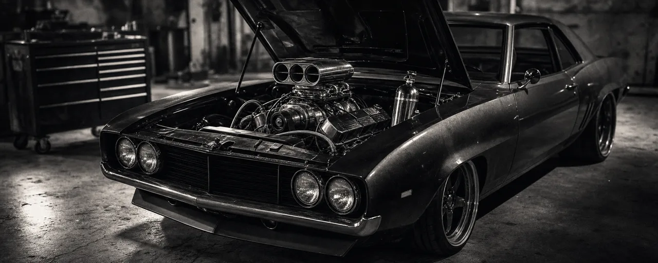 Black and white cinematic shot of a muscle car with its hood up in a garage, a chromed V8 engine and a mounted nitrous oxide bottle in the bay