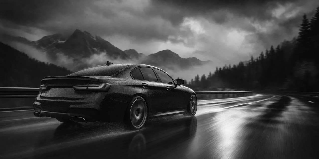 Black and white cinematic concept image of a sharp German all-wheel-drive sport sedan on a rain-slick road