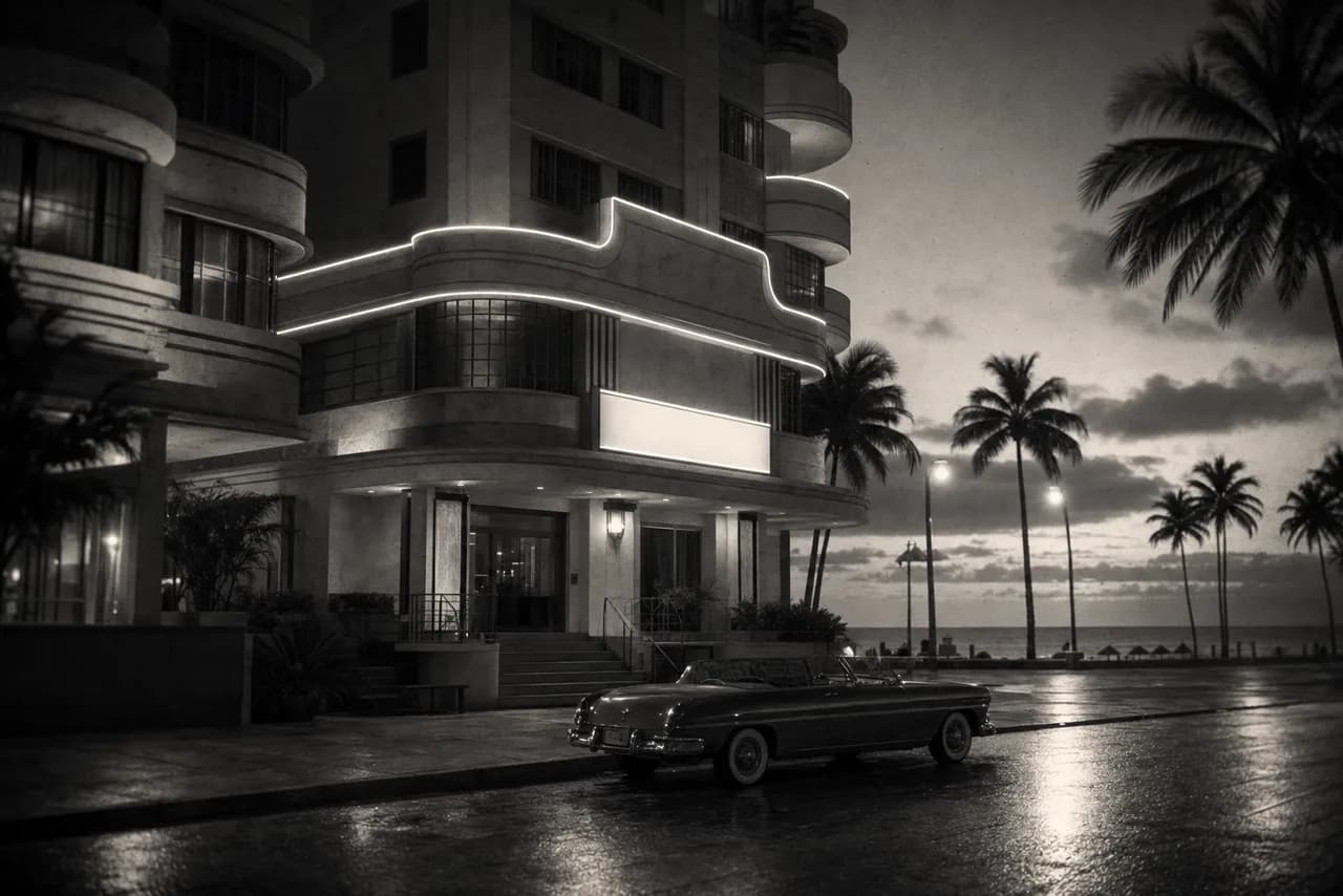 Black and white elegant 1930s Art Deco oceanfront hotel facade at dusk with neon tube accents, palm trees and a vintage convertible at the curb