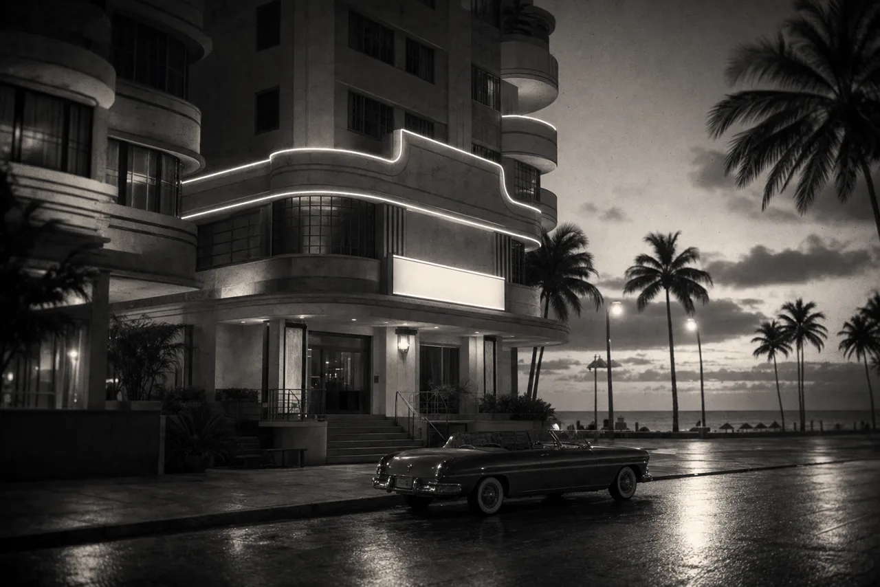 Black and white elegant 1930s Art Deco oceanfront hotel facade at dusk with neon tube accents, palm trees and a vintage convertible at the curb