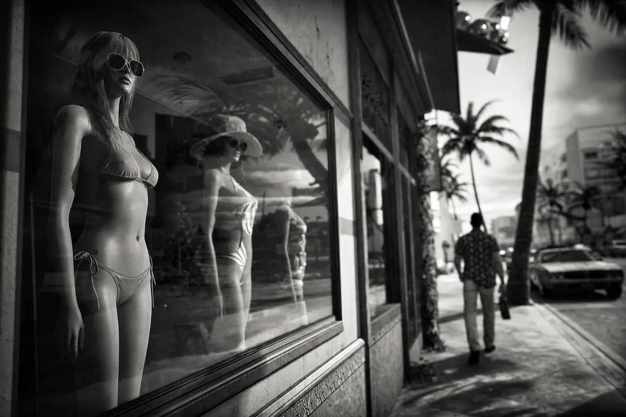 Black and white cinematic view of a beachwear shop window with swimwear mannequins and a palm reflection in the glass