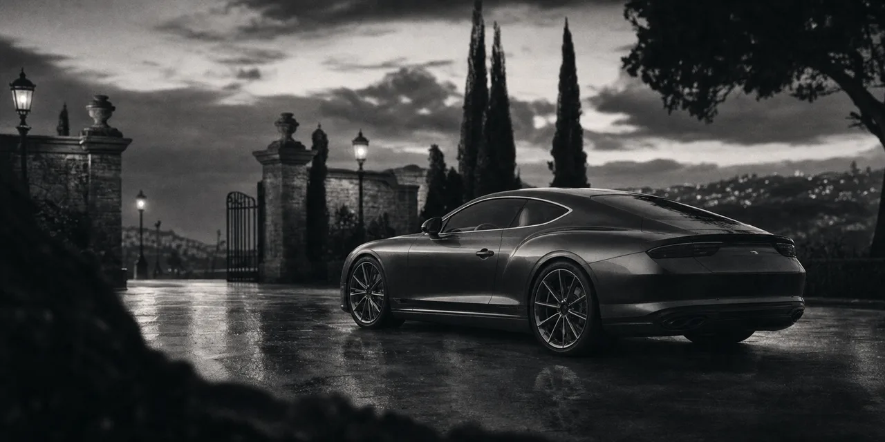 Black and white cinematic concept image of a graceful British grand-touring coupe parked outside an estate at twilight