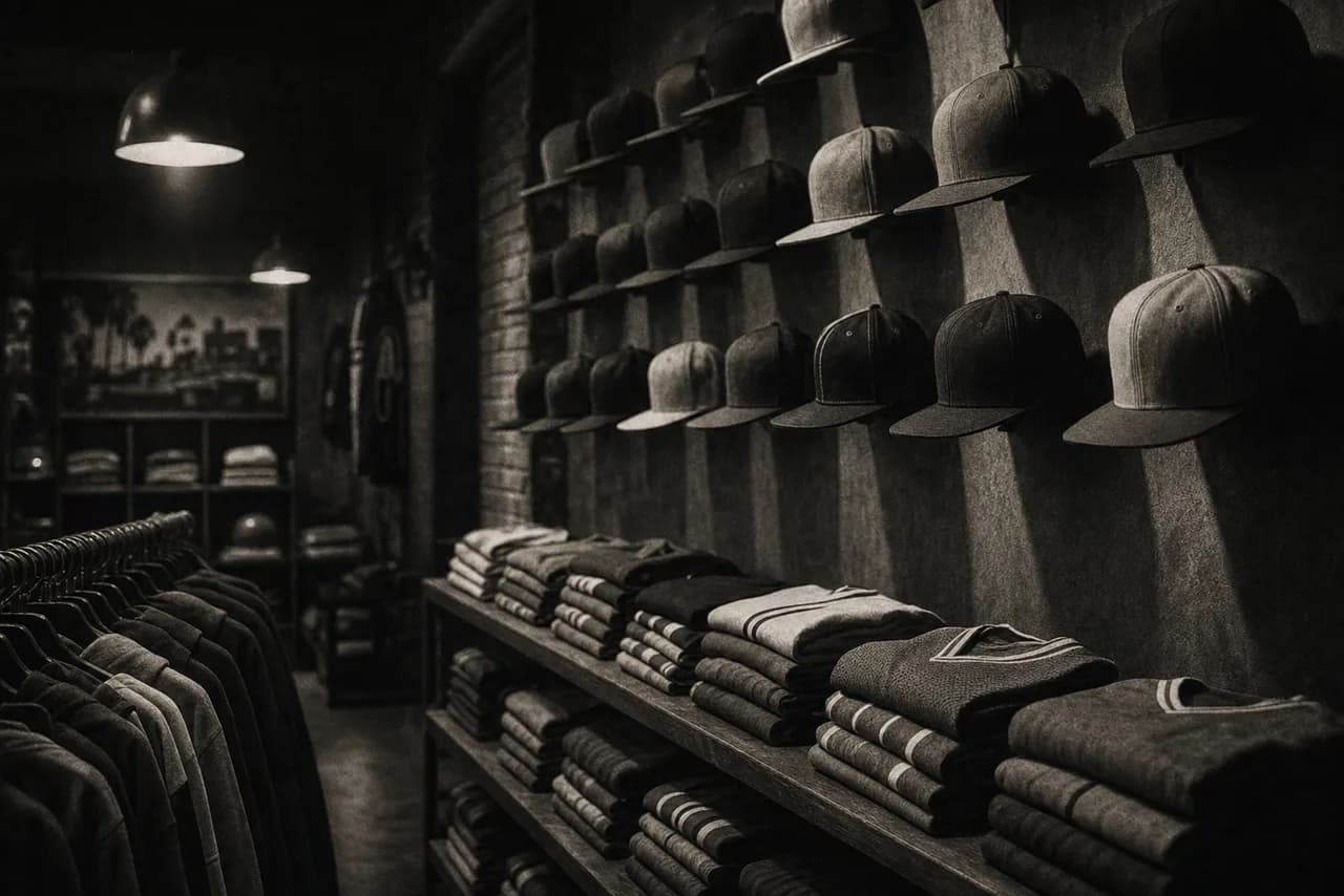 Black and white retro streetwear shop with a wall of vintage snapback caps and folded throwback jerseys on shelves