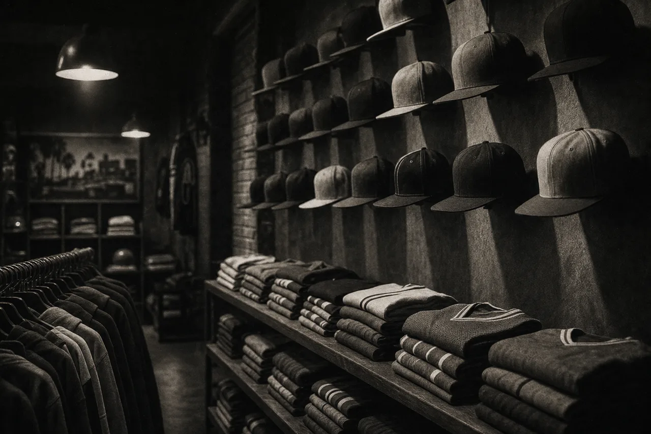 Black and white retro streetwear shop with a wall of vintage snapback caps and folded throwback jerseys on shelves