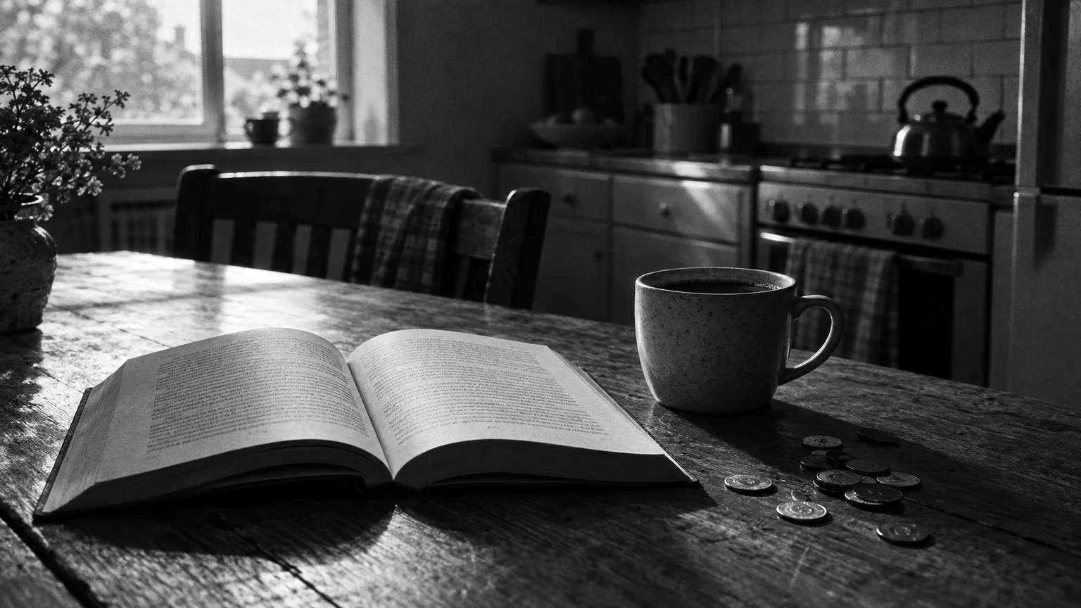 Black and white cinematic photograph of a paperback book lying open on a kitchen table beside a coffee cup