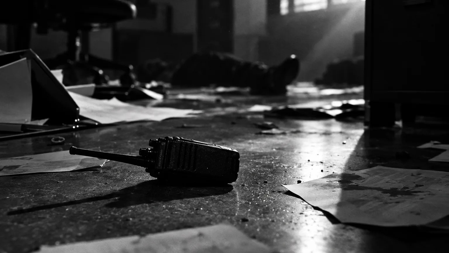 Black and white cinematic shot of a walkie-talkie lying on an office floor among scattered papers