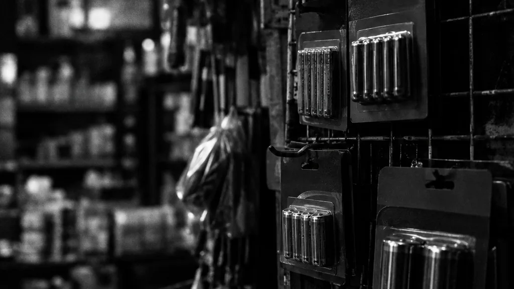 Black and white cinematic close-up of battery packs hanging on a wire rack in a corner shop