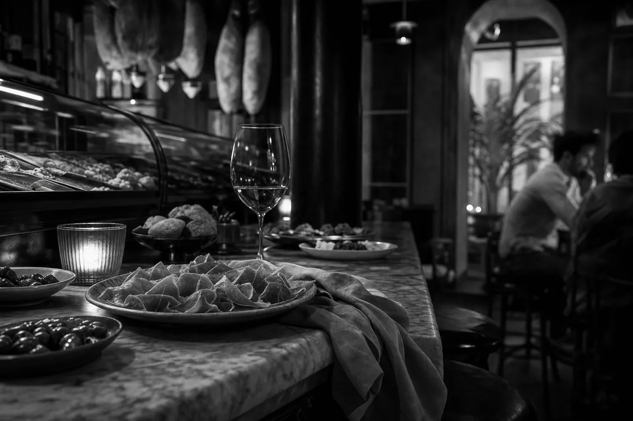 Black and white cinematic view of a tapas bar counter with small plates, cured ham and a draped cloth napkin