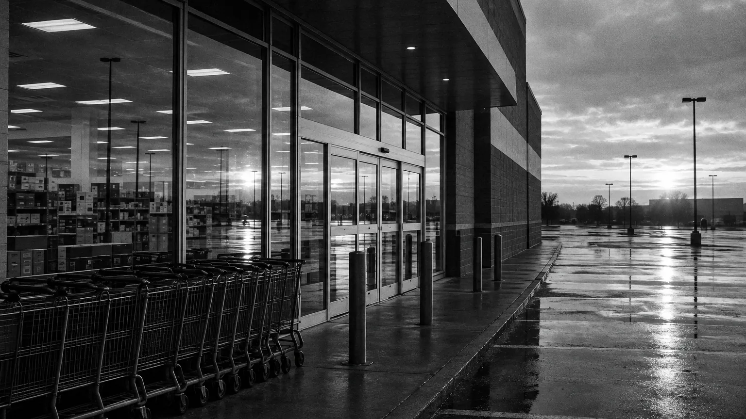 Black and white cinematic view of an office supply store frontage with trolleys by the doors