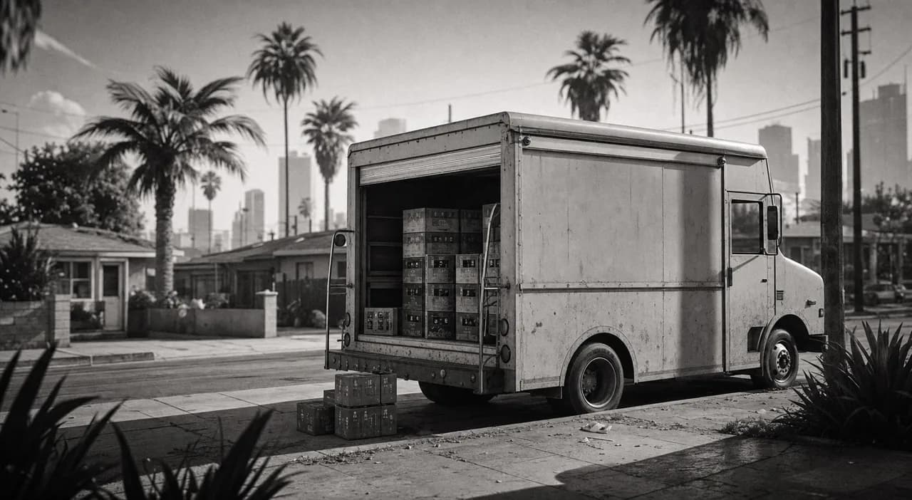 Black and white cinematic shot of a beer delivery truck parked on a sunny suburban street with its side door open and stacked cases