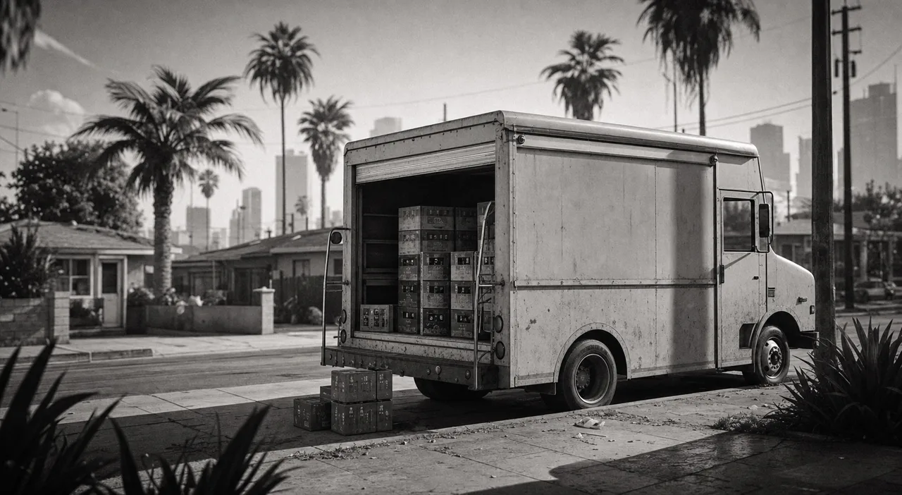Black and white cinematic shot of a beer delivery truck parked on a sunny suburban street with its side door open and stacked cases