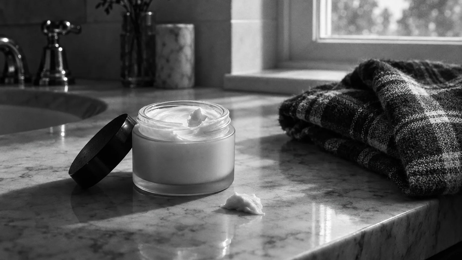 Black and white cinematic photograph of an open jar of face cream on a marble counter with a fingertip scoop taken