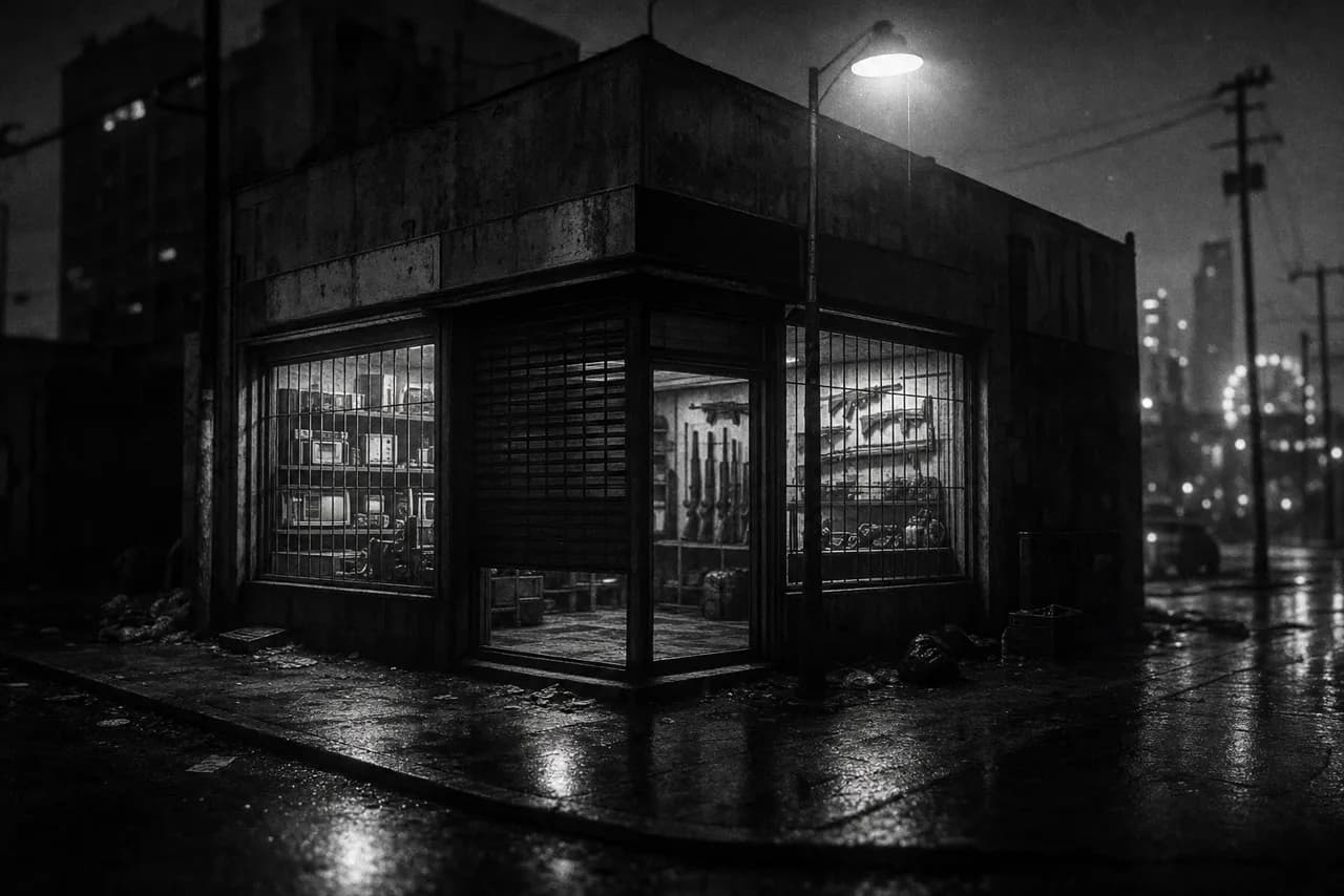 A run-down corner pawn shop and gun store at night, barred windows full of goods under a lone streetlight.