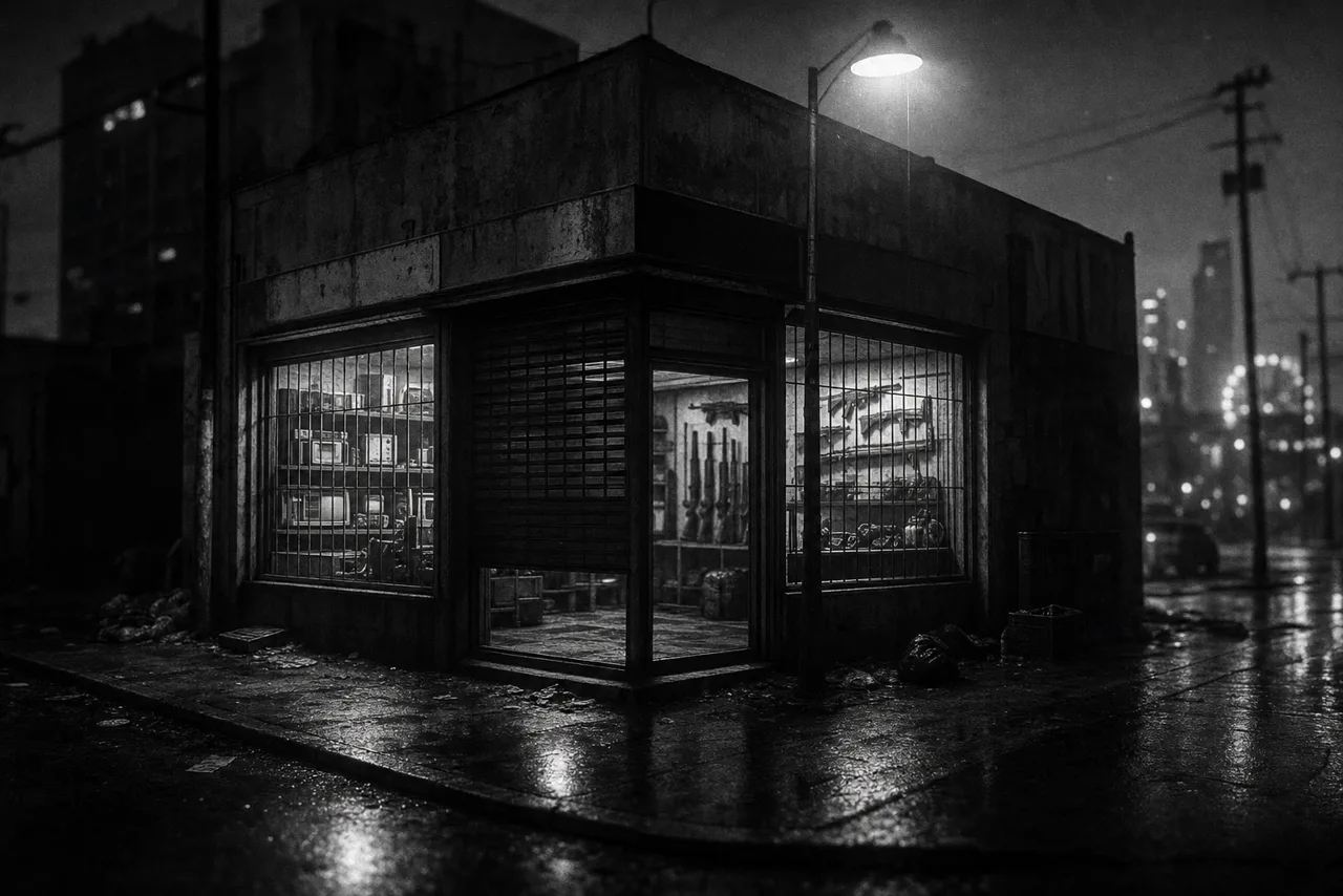 A run-down corner pawn shop and gun store at night, barred windows full of goods under a lone streetlight.