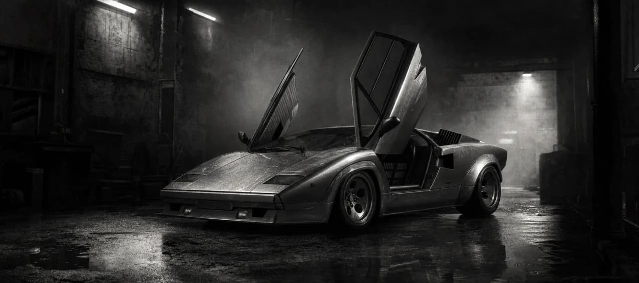 Black and white cinematic concept image of a wedge-shaped Italian hypercar with scissor doors raised under garage lights