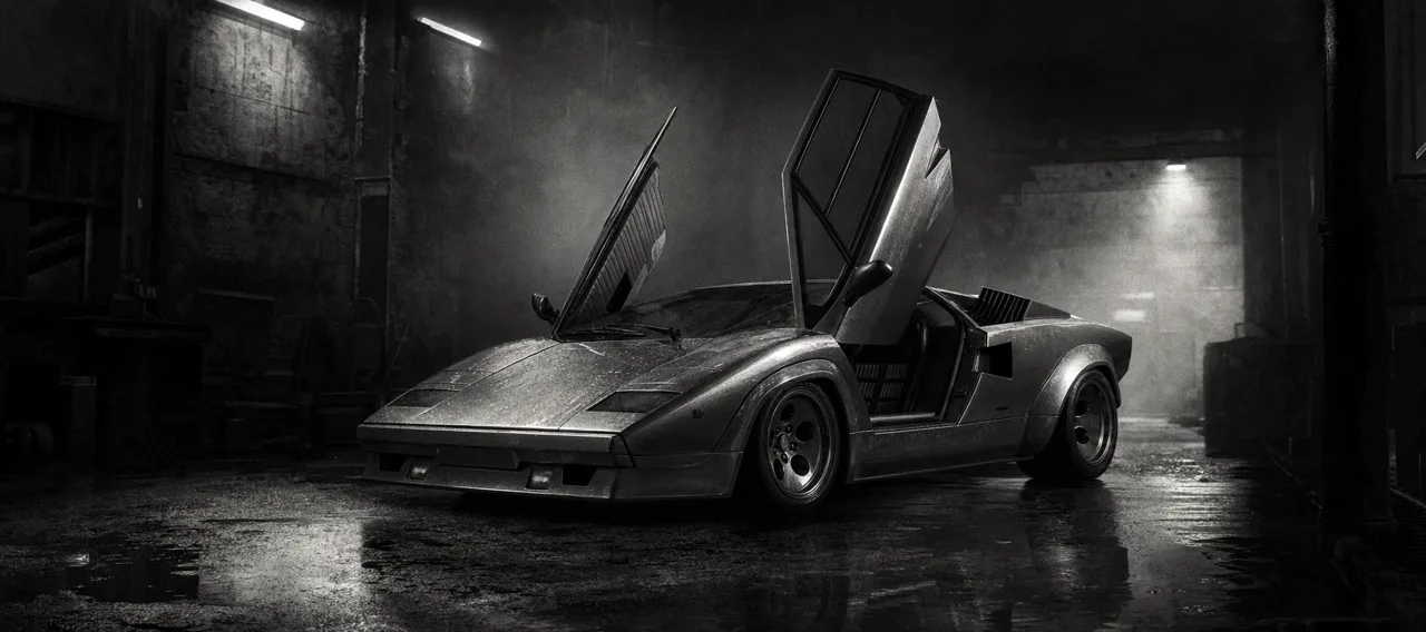 Black and white cinematic concept image of a wedge-shaped Italian hypercar with scissor doors raised under garage lights
