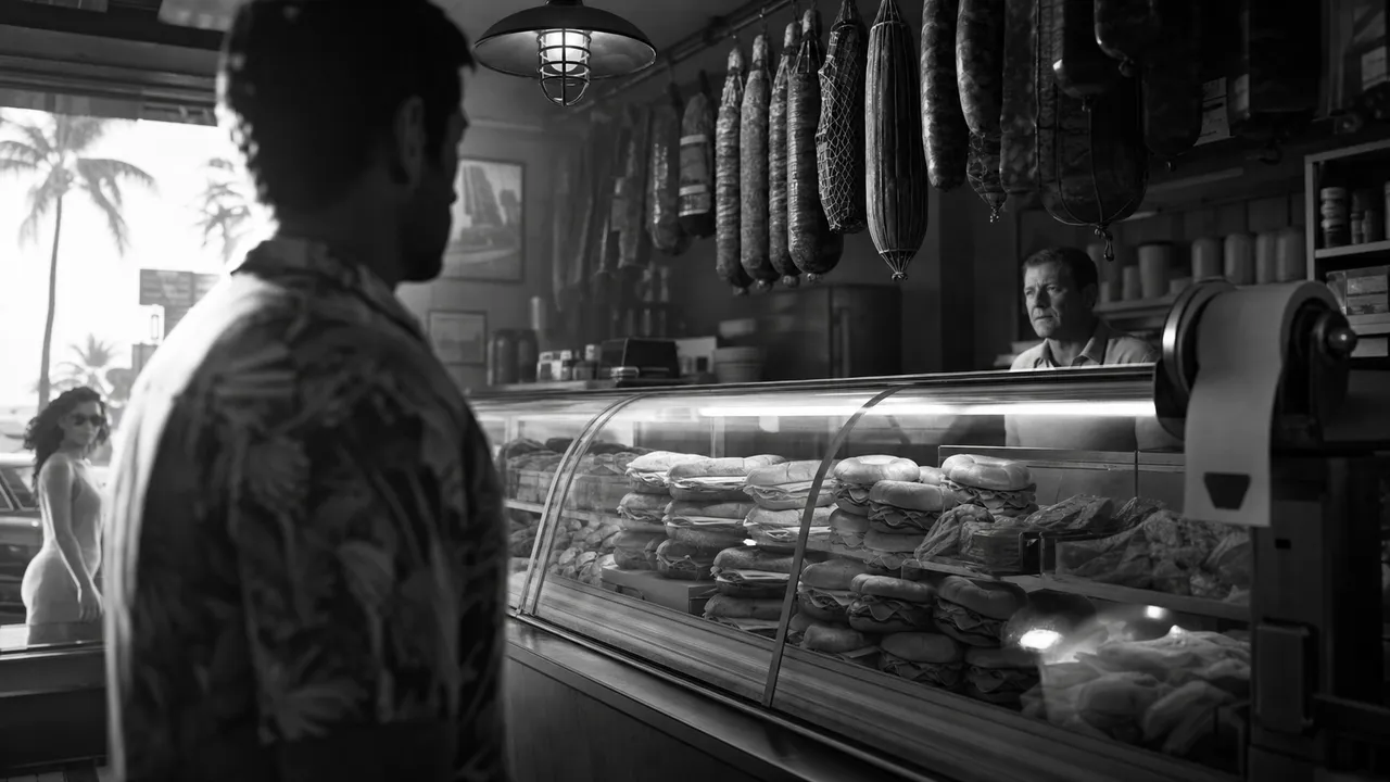 Black and white cinematic view of an old-school deli counter with hanging salamis and stacked sandwiches behind glass
