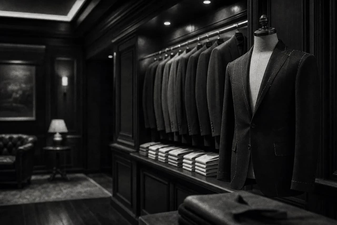 Black and white upscale mens tailoring boutique with suits on a rack and a basted jacket on a tailors form
